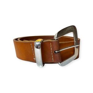 Vintage Gap Belt Brown Leather Square Brass Silver Buckle 1.25” wide Size 30